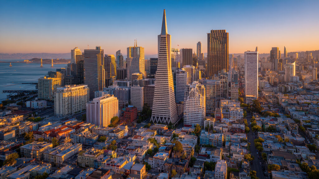 History san francisco city skyline at sunset panoramic view with iconic transamerica pyramid building and urban architecture along the bay waterfront in california