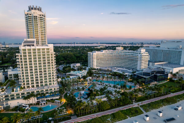 miami beach, florida, usa morning aerial of the iconic and luxurious fontainebleau hotel and resort.